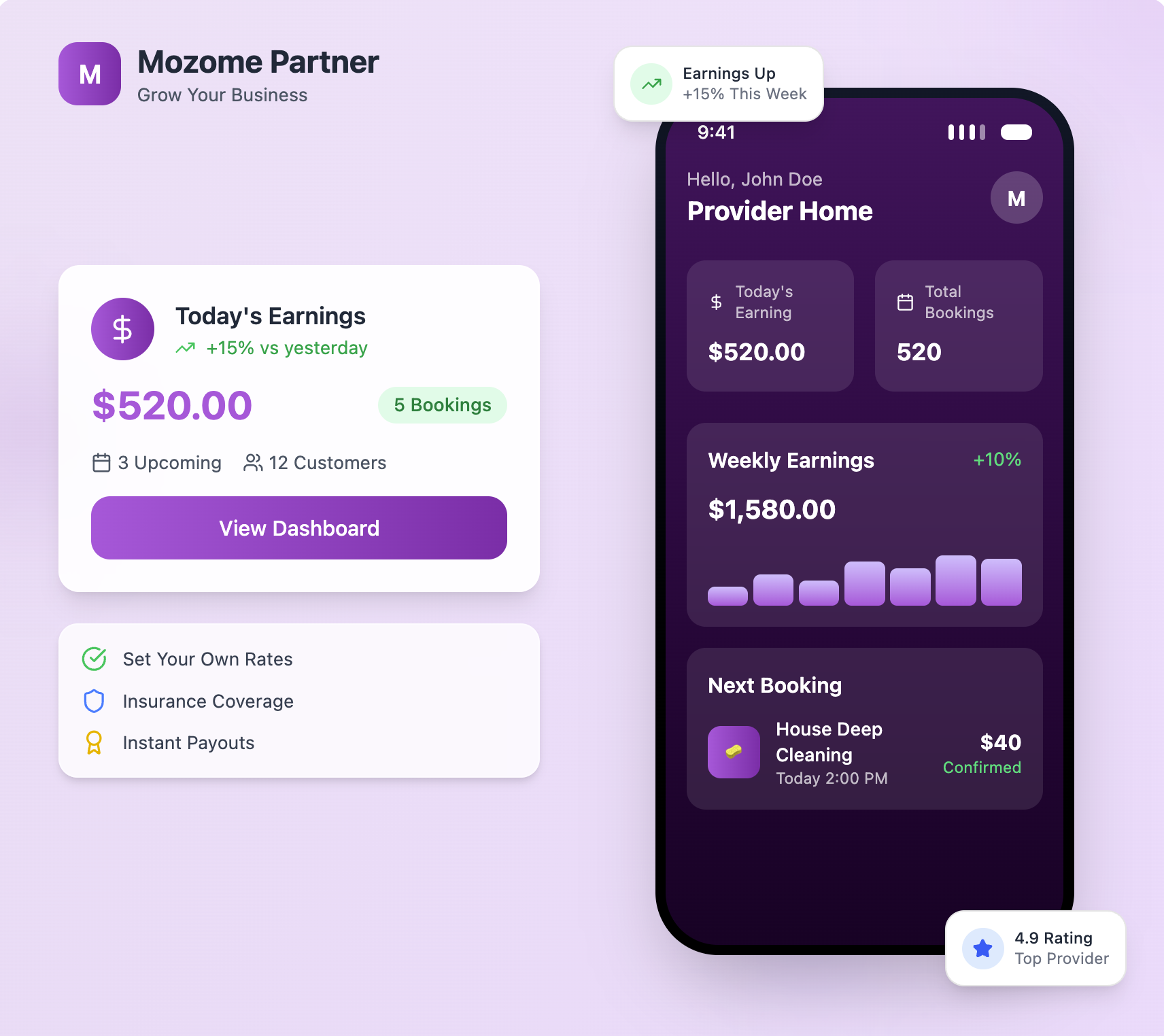 Mozome Partner App Interface - Mobile app showing business management dashboard